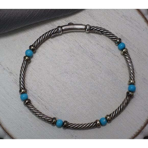 David Yurman 925 & 14k Turquoise Bead Cable Bracelet 9.73G / 6.75In - Picture 7 of 8